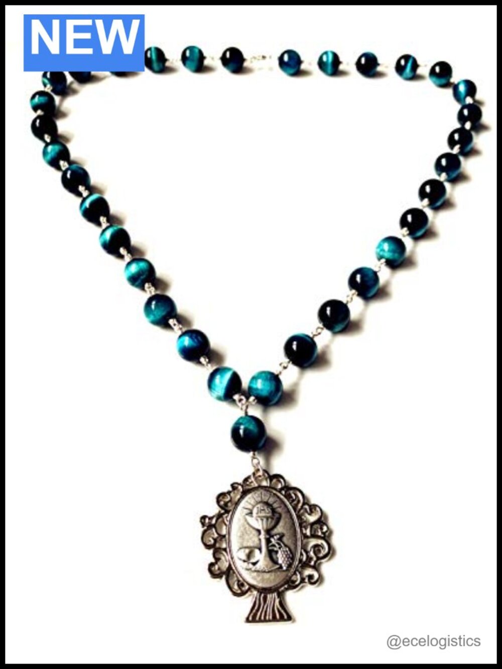 Handmade 10mm Tiger Eye Blessed Sacrament Medal Necklace